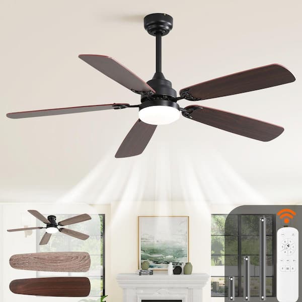 52 in. Downrod Mount Standard Ceiling Fan with 5 Blades Dimmable LED Light Included with Remote, 6-Speed DC Motor, Brown