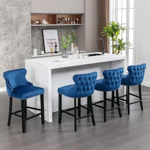 Contemporary Blue Velvet Upholstered Barstools with Wooden Legs and Chrome Nailhead Trim (Set of 4)