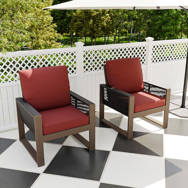 COOS BAY Wood Outdoor Lounge Chair Patio Conversation Set with Red Cushions(2-Piece)