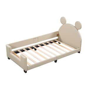 Gray Wood Frame Twin PU Leather Platform Bed with Mickey Mouse Ears Headboard