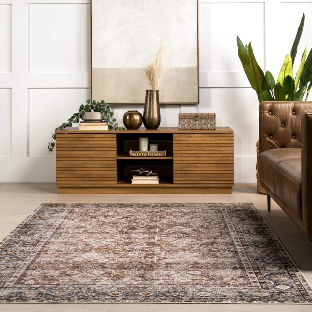 Freesia Brown and Blue Floral 8' x 10' Washable Area Rug