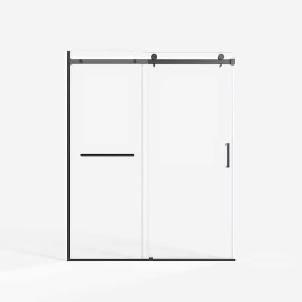 60 in. W x 75 in. H Exposed Roller Sliding Semi-Frameless Shower Door in Matte Black with 5/16 in. Clear Glass