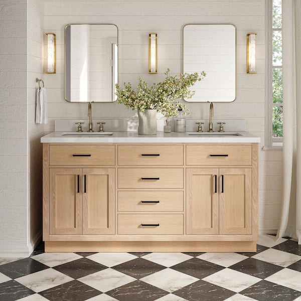 Hepburn 66 in. Double Sink Freestanding Bathroom Vanity in Oak with Pure White Quartz Top
