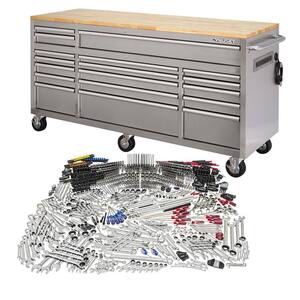 72 in. W x 24 in D Heavy Duty 18-Drawer Mobile Workbench with Mechanics Tool Set (1,025-Piece) in Stainless Steel