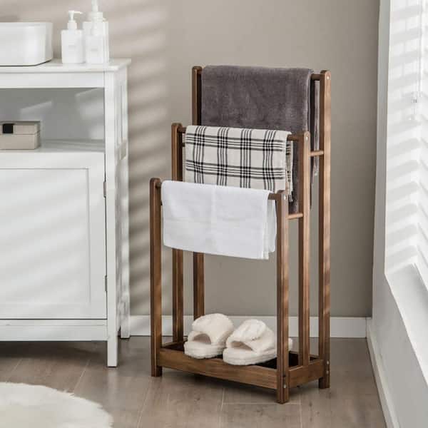 3-Bar Solid Fir Wood Towel Rack with Bottom Storage Shelf in Brown
