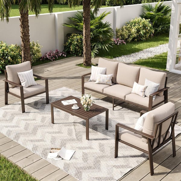 4-Piece Metal Patio Conversation Set with Khaki Cushions