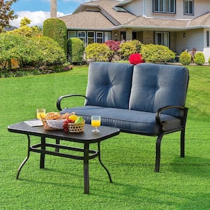 2-Piece Patio Metal Outdoor Loveseat and Table Set Conversation Sofa Set with Blue Cushions