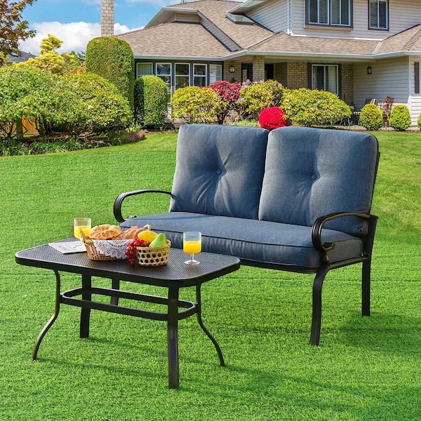 2-Piece Patio Metal Outdoor Loveseat and Table Set Conversation Sofa Set with Blue Cushions
