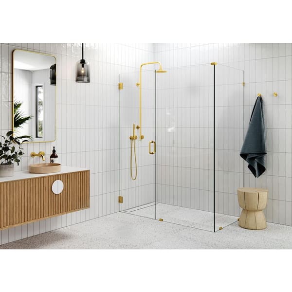 58 in. W x 34 in. D x 78 in. H Pivot Frameless Corner Shower Enclosure in Satin Brass Finish with Clear Glass