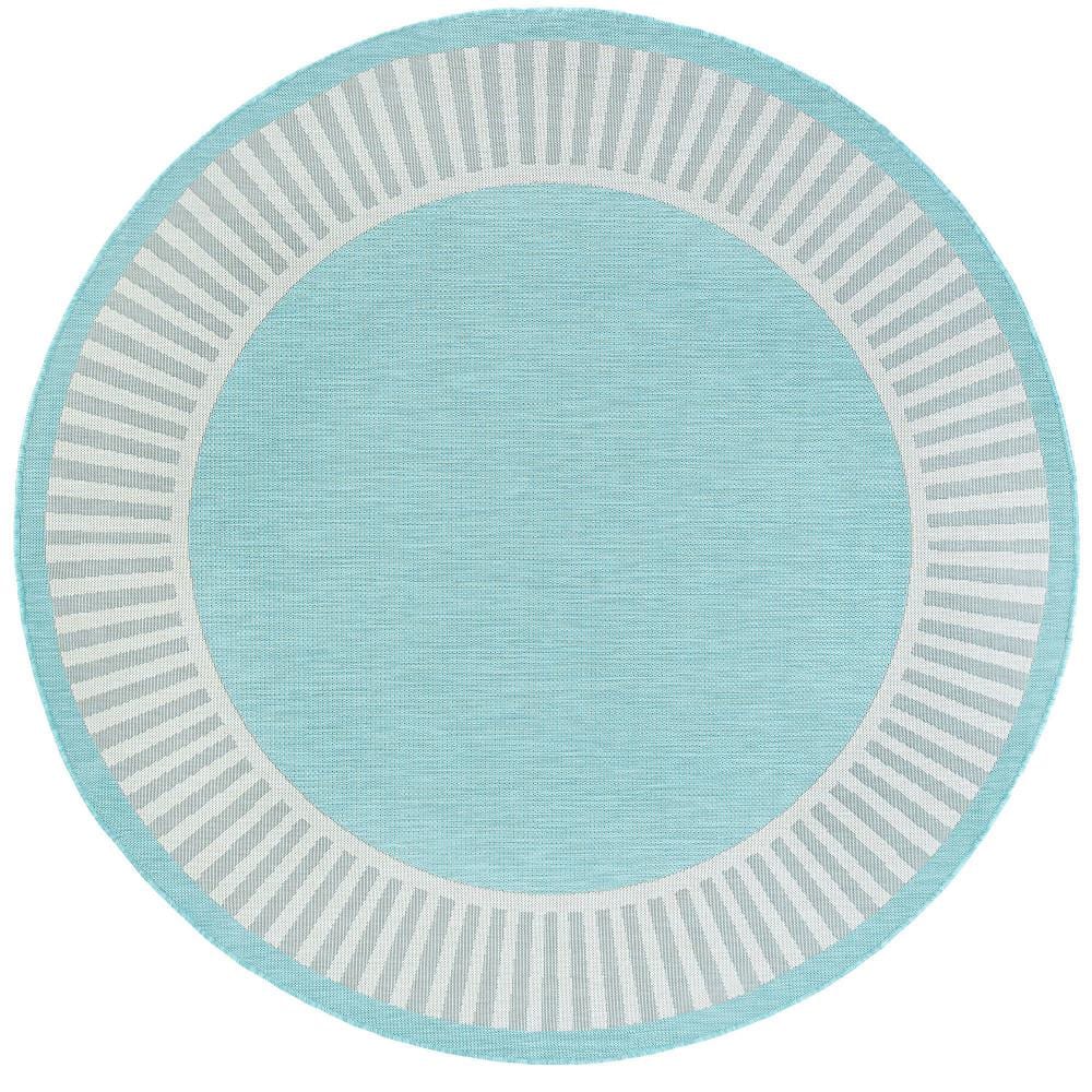 Tayse Rugs Eco Striped Border Aqua 8 ft. Round Indoor/Outdoor Area Rug ...