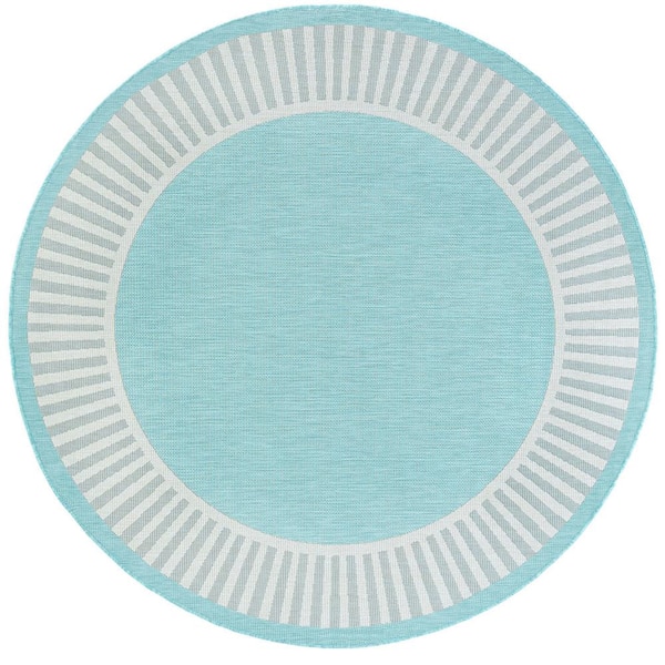 Eco Striped Border Aqua 8 ft. Round Indoor/Outdoor Area Rug