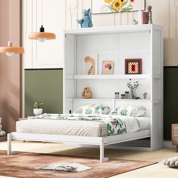 White Wood Frame Queen Murphy Bed with Shelves
