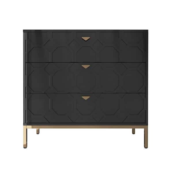 Clihome Honeycomb Wooden 3-Drawer Storage Cabinet Table in Black