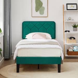 Bed Frame with Upholstered Headboard, Green Metal Frame Twin Platform Bed with Strong Frame and Wooden Slats Support