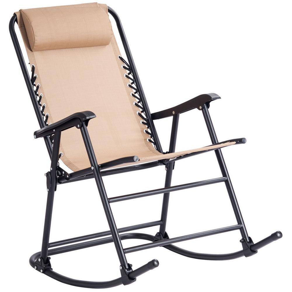 Headrest Folding Zero Gravity Metal Outdoor Rocking Chair in Beige