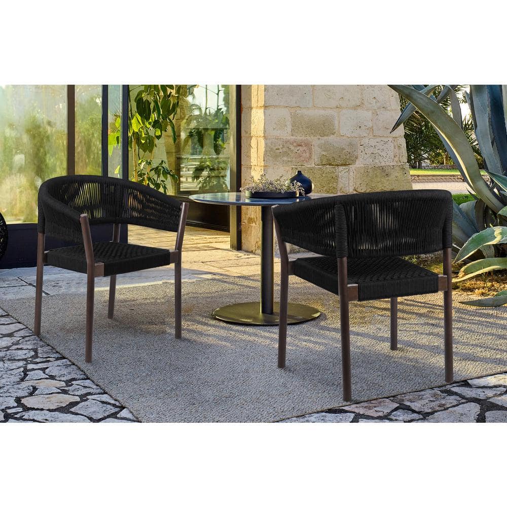 Doris Eucalyptus Curved Wood Indoor Outdoor Dining Chair in Black Rope (Set