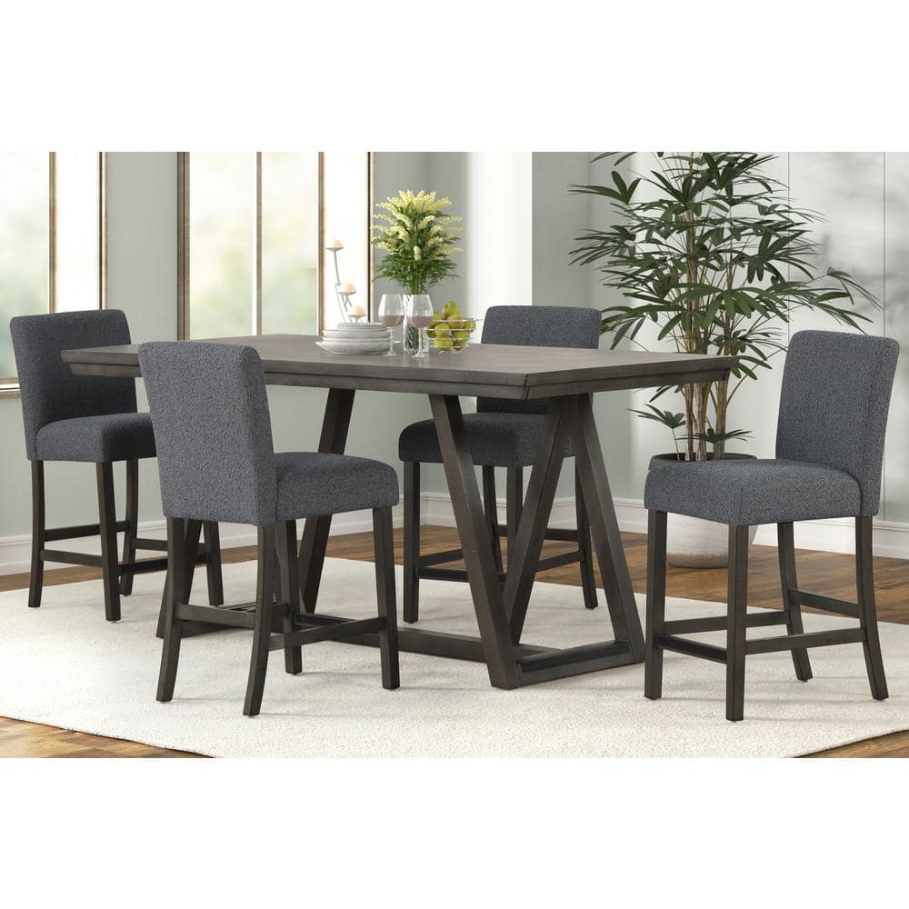 Gray Upholstered 5-Piece Counter Height Dining Set with Wood Table