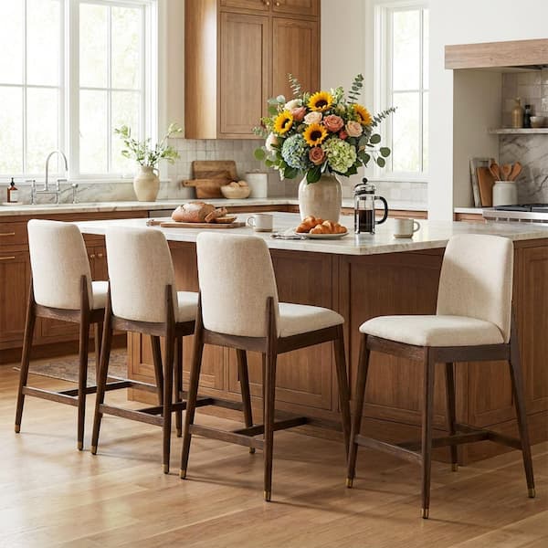 Averon Modern 38 in. H Walnut Finish and Beige Polyester Upholstered Solid Wood Frame Counter Stools, (Set of 4)