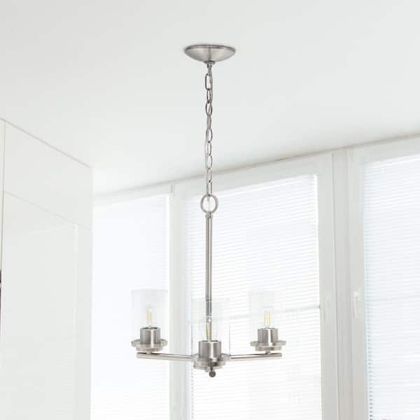 FIRHOT 3-Light Modern Brushed Nickel Metal Chandelier for Kitchen Island, Living Room with Glass Shade