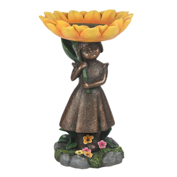 LuxenHome Resin Sunflower Girl Bird Bath