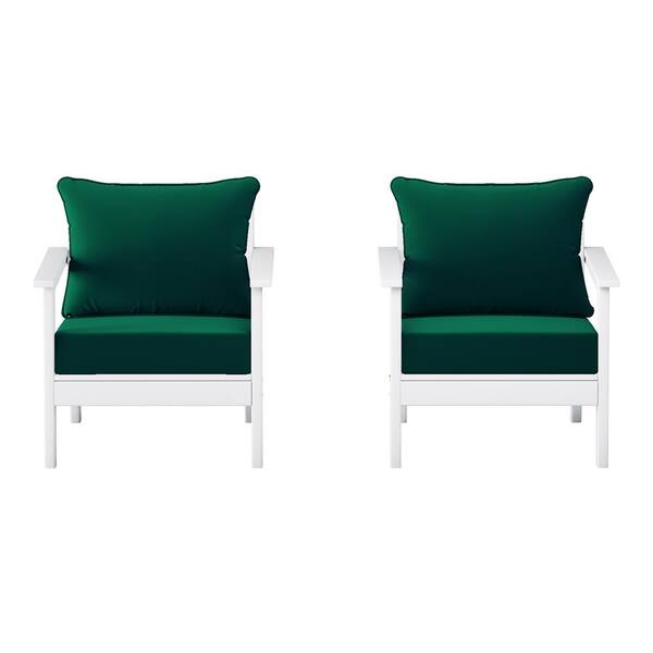 WESTIN OUTDOOR Birchwood White Outdoor Patio (Set of 2) Deep Seating HDPE Lounge Chairs w/ Green Cushions