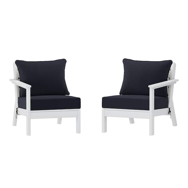 WESTIN OUTDOOR Birchwood White Arrangeable Outdoor Patio 2-Piece Deep Seating HDPE Loveseat Arm Chair Set with Navy Blue Cushions
