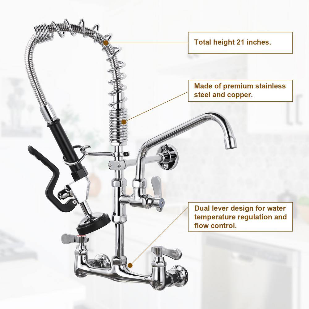 21 in. Polished Chrome Triple Handle Wall Mount Kitchen Faucet with Pull-out Spray