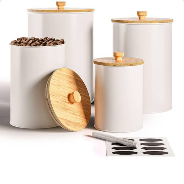 4-Piece White Iron Kitchen Canisters for Countertop with Customizable Chalkboard Labels & Marker Pen & Airtight Lids