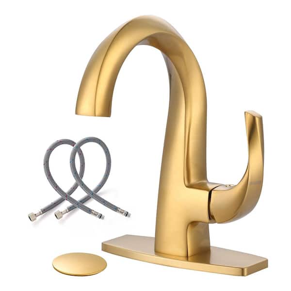 WOWOW Brass Single Handle Single Hole Bathroom Faucet with Deckplate Included and Drain Kit in Gold