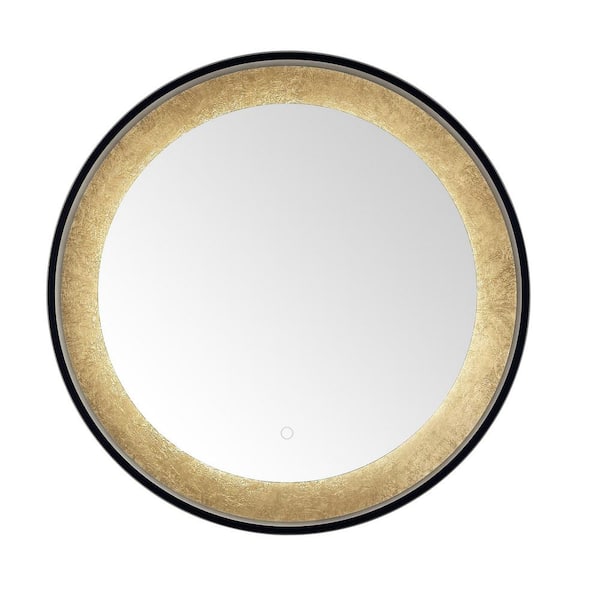 SAFAVIEH Erdem 30 in. W x 30 in. H Aluminum Round Modern Black/Gold Leaf LED Solid Frame Wall Mirror