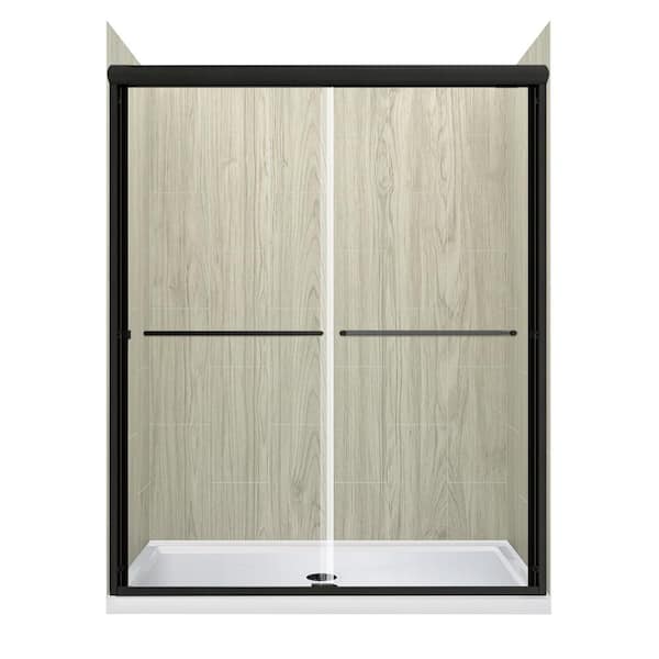 CRAFT + MAIN Cove Sliding 48 in. L x 34 in. W x 78 in. H Center Drain Alcove Shower Stall Kit in Driftwood and Matte Black Hardware