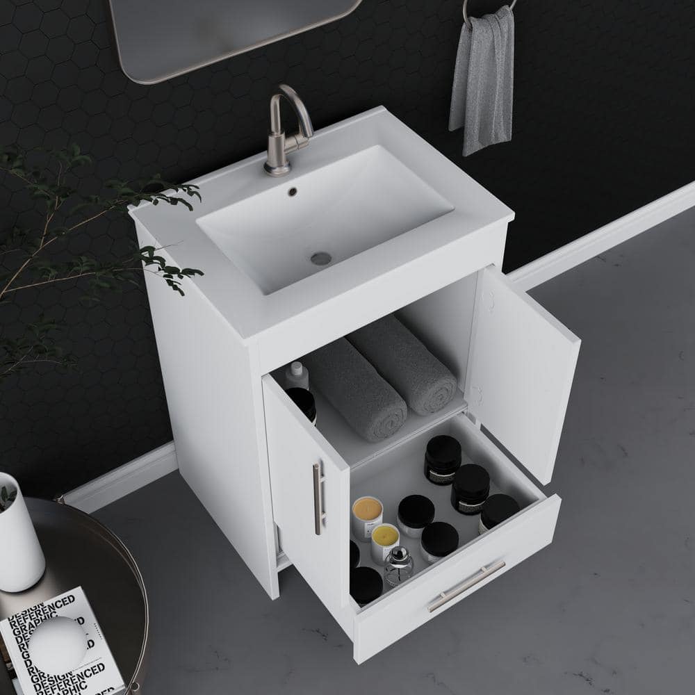 Pacific 24" Soft White Modern Bathroom Vanity with Brushed Nickel Handles