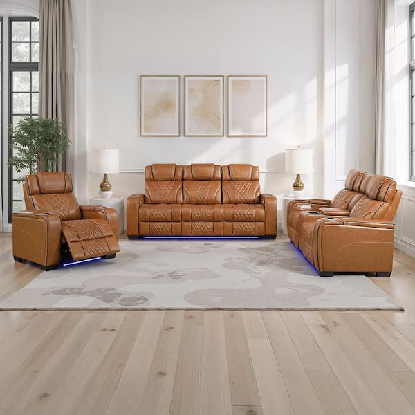 Cassian 84.5 in W Pillow Top Arm Leather Rectangle 3-Piece Power Reclining Sofa Set with Power Headrest in Brown
