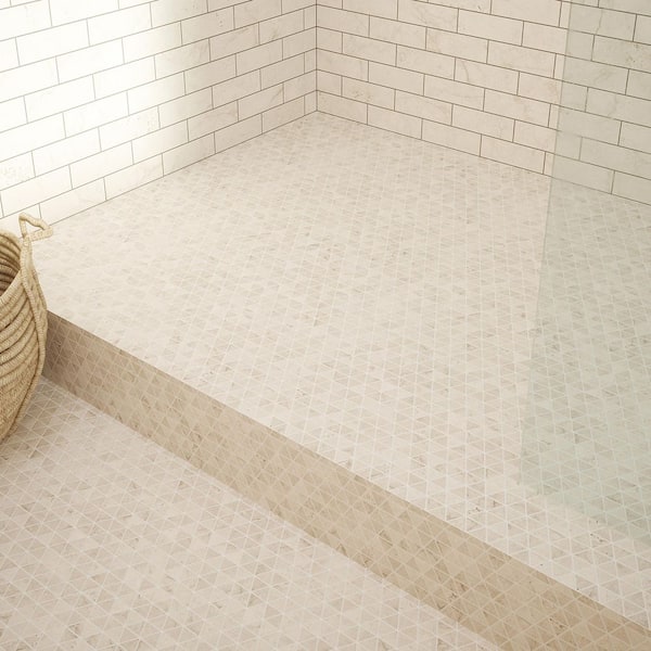 Cavern Vanilla Cream 11 in. x 10.875 in. Triangle Honed Marble Wall and Floor Mosaic Tile (8.30 sq. ft. /Case)