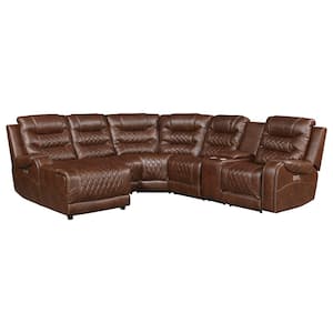 Bergen 101 in. Straight Arm 6-piece Faux Leather Modular Power Reclining Sectional Sofa in Brown with Left Chaise