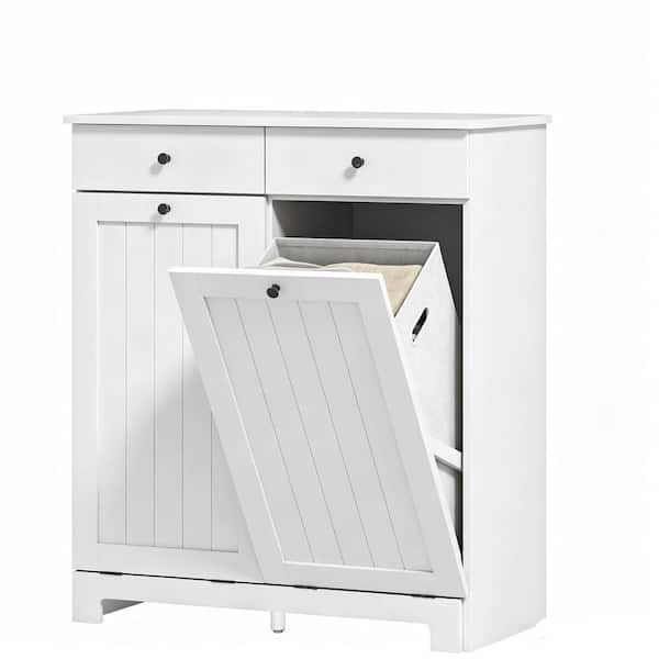 30.7 in. W x 15 in. D x 35.4 in. H White Linen Cabinet with 2-Large Tilt-Out Laundry Hampers and 2-Drawers for Bathroom
