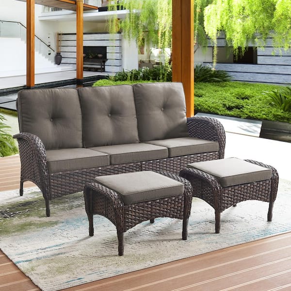Flat Armrest Series Brown Wicker Outdoor Patio Ottoman with CushionGuard Gray Cushions (2-Pack)