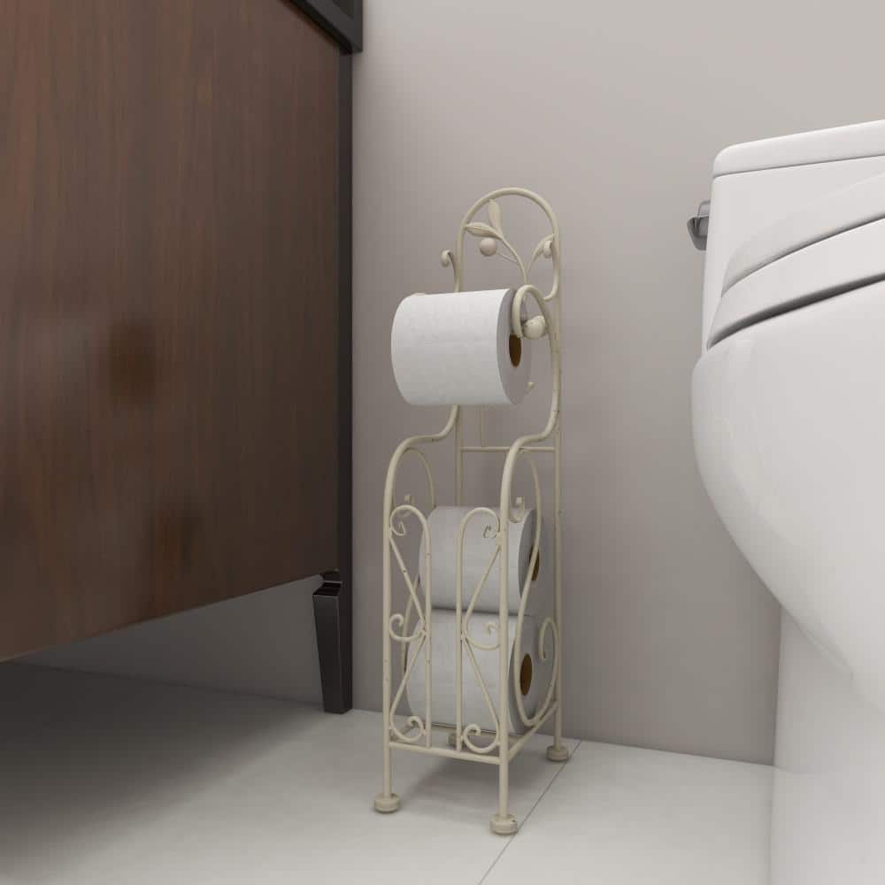 Ivory White Metal Freestanding Toilet Paper Holder with Scroll Design