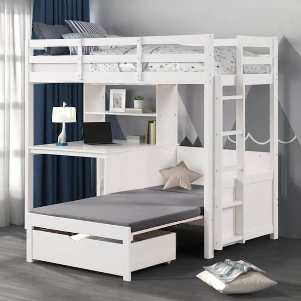 Proxy White Twin over Workstation Wood Loft Bed with USB Charging Ports on Desk