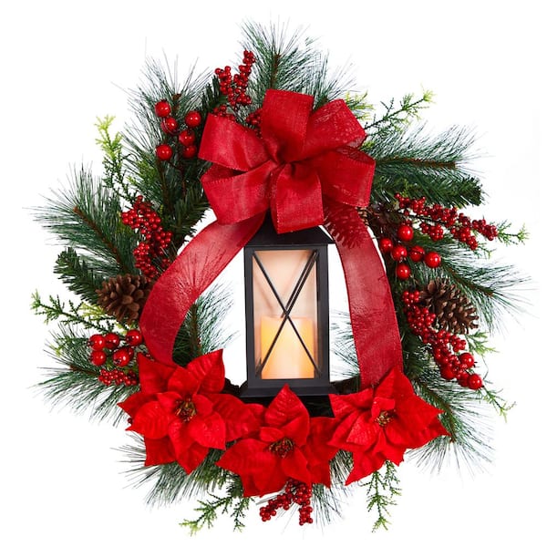 Nearly Natural 28 in. Red Pre-Lit Poinsettia and Berry Holiday Lantern Artificial Christmas Wreath with LED Candle