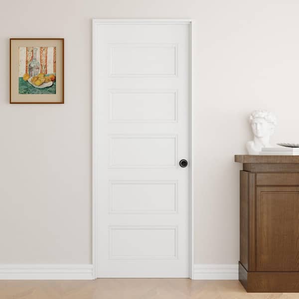 28 in. x 80 in. 5-Panel Left-Handed Painted Solid Core Wood Single Prehung Interior Door with Split Jamb and Lever