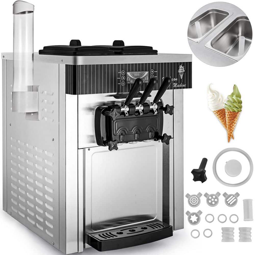 VEVOR Commercial Ice Cream Machine 5.3 to 7.4 Gal. per Hour LED Display Auto Clean 3 Flavors Soft Serve for Restaurants,2200 W, Silver