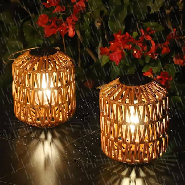 8 in. x 6 in. 2-Pieces Brown Plastic Solar Lanterns, Waterproof, Rattan Solar Lights, Hanging Lanterns Decorative