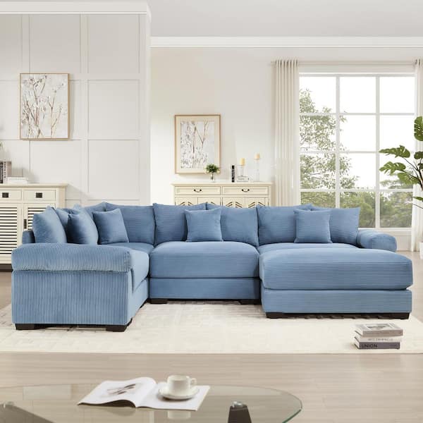 DDSMYS 116.9 in. Straight Arm 5-Piece Corduroy Modular Sectional Sofa with Ottoman and Ergonomic Design in Denim Blue