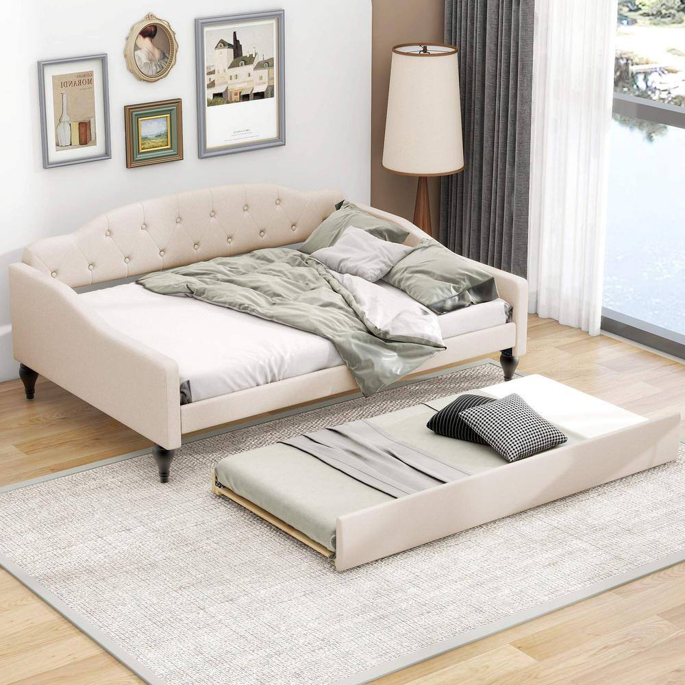Beige Full Size Upholstered Tufted Daybed with Trundle
