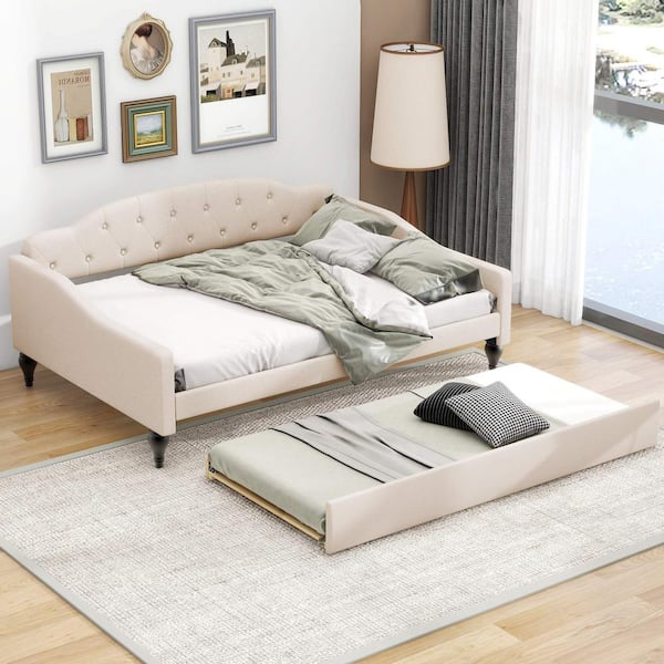 Polibi Beige Full Size Upholstered Tufted Daybed with Trundle