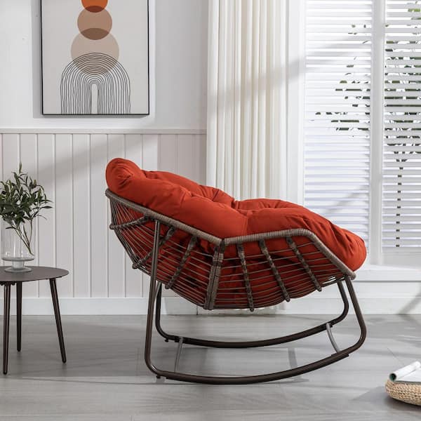 Rattan Metal Outdoor Rocking Chair with Orange Padded Cushion Lounge Chair for Front Porch, Patio, Garden, Living Room
