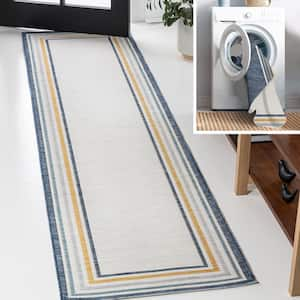 Pollux Classic Coastal Mitred Stripe Reversible Machine Washable Cream/Navy 2 ft. x 8 ft. Indoor/Outdoor Runner Rug