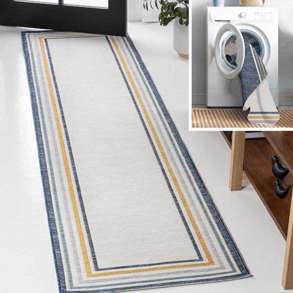 JONATHAN Y Pollux Classic Coastal Mitred Stripe Reversible Machine Washable Cream/Navy 2 ft. x 8 ft. Indoor/Outdoor Runner Rug