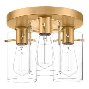 Regan 11.75 in. 3-Light Brushed Gold Flush Mount with Clear Glass Shades